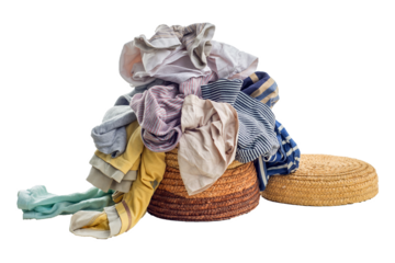 Used clothes in a pile on a laundry basket. Sorting and cleaning second-hand. Preparing for washing