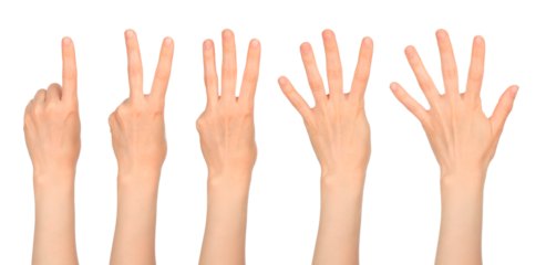 Women hands show the number one two three four five, isolated on transparent background