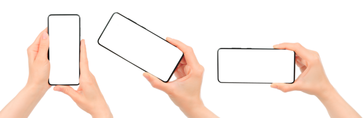 Set of Woman hands using smartphone with blank screen, isolated on transparent background