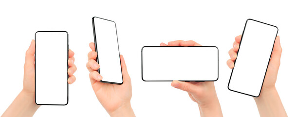 Set of Woman hands using smartphone with blank screen, isolated on transparent background - 617449717