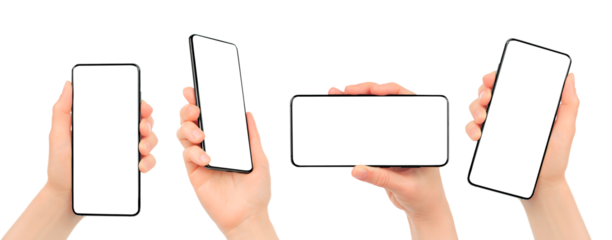 Set of Woman hands using smartphone with blank screen, isolated on transparent background