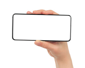 Hand holding modern Smartphone, isolated on transparent background