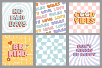 Set of groovy hippie sqaure posters. Texts with distorted and twisted checkerboard, chessboard texture in trendy retro style