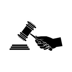 judge gavel in hand. black and white icon