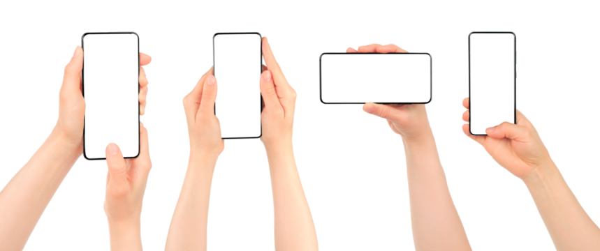 Set of Woman hands using smartphone with blank screen, isolated on transparent background