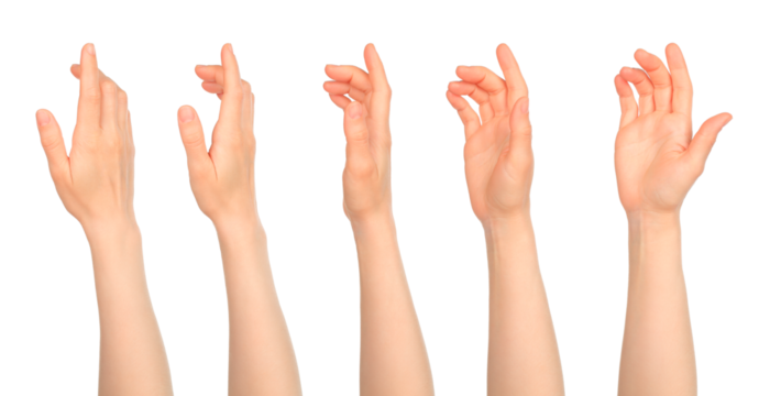 Set of woman hand in motion, isolated on transparent background