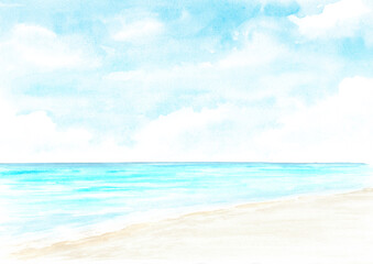 Seascape.Tropical beach. Sea, sand and blue sky, summer vacation concept and background. Hand drawn watercolor illustration