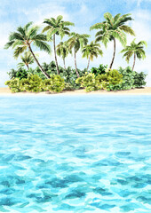 Fototapeta na wymiar Seascape.Tropical palm beach template. Sea, sand and blue sky, summer vacation concept and background. Hand drawn watercolor illustration