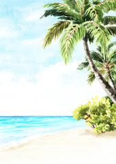 Seascape.Tropical palm beach, Sea, sand and blue sky, summer vacation concept and background. Hand drawn watercolor illustration