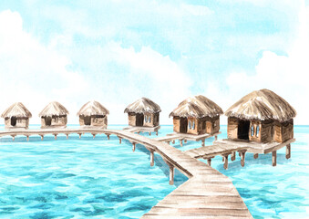 Tropical  huts on the water. Summer vacation concept. Hand drawn watercolor illustration isolated on white background