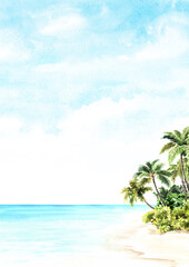 Seascape.Tropical palm beach, Sea, sand and blue sky, summer vacation concept and background. Hand drawn watercolor illustration