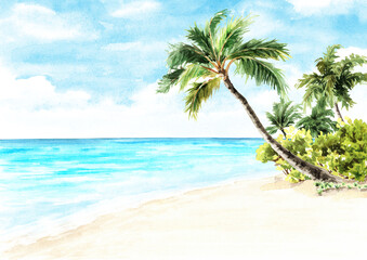 Fototapeta na wymiar Seascape.Tropical palm beach. Sea, sand and blue sky, summer vacation concept and background. Hand drawn watercolor illustration