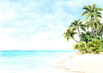 Obraz na płótnie Canvas Seascape.Tropical palm beach. Sea, sand and blue sky, summer vacation concept and background. Hand drawn watercolor illustration