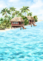 Obraz na płótnie Canvas Tropical island template with palm trees and huts on the water. Sea, sand and blue sky, summer vacation concept and background. Hand drawn watercolor illustration