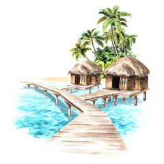 Tropical palm bay and huts on the water.   Sea, sand and blue sky, summer vacation concept. Hand drawn watercolor illustration isolated on white background