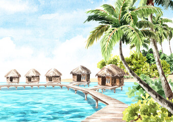 Tropical palm bay and huts on the water. Sea, sand and blue sky, summer vacation concept   background, Hand drawn watercolor illustration