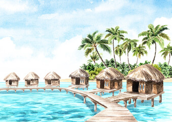 Tropical palm bay and huts on the water. Sea, sand and blue sky, summer vacation concept  background, Hand drawn watercolor illustration
