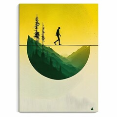 minimalist style poster about a person walking balancing on a slackline green yellow morning light clever composition symbolism highly detailed fine details 8k tender 