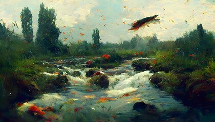 trout jumping out of water impressionist stream 