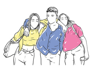 Two female and a male friends laughing together, reunion, enjoying vector background