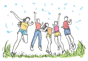 Group of five male and female friends jumping in the air in a field, freedom, enjoying the moment