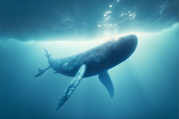 looking up at a blue whale swimming in clear blue water with sunlight filtering through The whale has celtic style tattoos carved into its torso head and wings Its a wideangle cinematic calm 