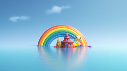 rainbow in the middle of the sea and house rendering