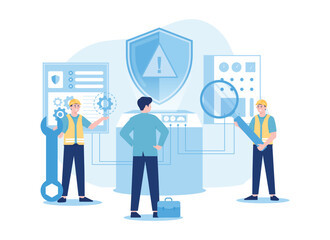 A mechanic analyzes engine damage trending flat illustration