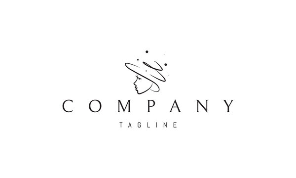 Vector logo on which an abstract image of the silhouette of an elegant lady in a hat in a linear style.
