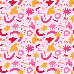 Fototapeta premium Simple abstract seamless pattern with geometric shapes, star, squiggle. Aesthetic prints for trendy fabric design with hand drawn doodle in bright color. Funky and playful doodle wallpaper print