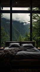 Modern bedroom with stunning mountain view,. Gen AI	