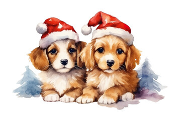 Watercolor Christmas cute couple of puppies on white background isolated PNG