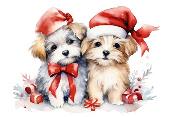 Watercolor Christmas cute couple of puppies on white background isolated PNG