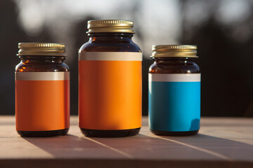 Group of medicine containers on the table, natural light. Mockup, empty label.