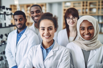 Generative AI illustration of team of multiethnic male and female doctors in white robes smiling and looking at camera during work in modern laboratory