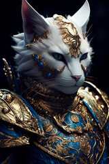 White cat in golden armor. Generative AI