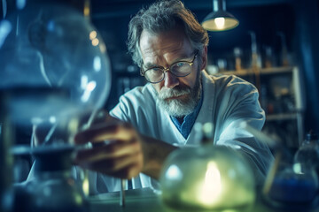 Generative AI illustration of serious bearded middle aged male scientist in eyeglasses and uniform sitting at table with flasks while doing research in lab
