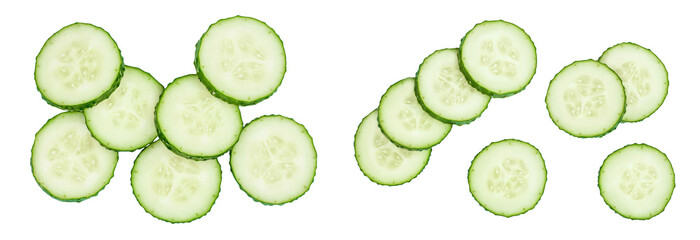 Sliced cucumber isolated on white background with full depth of field, Top view. Flat lay