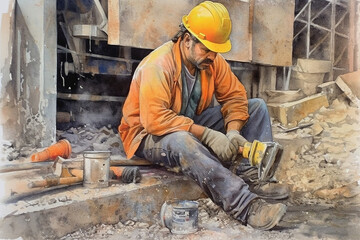 Watercolor painting of a construction worker, concrete art, detailed painting, speed painting, labour day painting