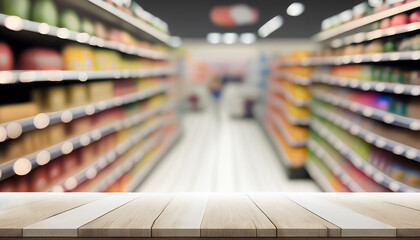 wooden table with supermarket blur background