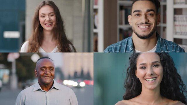 Diversity people split screen mosaic collage portrait happy multiethnic african american arabian caucasian men and women smiling looking camera multiscreen montage different multiracial males females