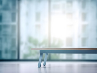 Creative mock concept. Empty blue wooden table top in front of living room high rise building in retro style blurred background. Template for product presentation display. 3D rendering
