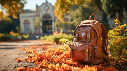 Backpack on autumn leaves with a college or university in the background. Concept of back to school and start of classes. Generative ai.