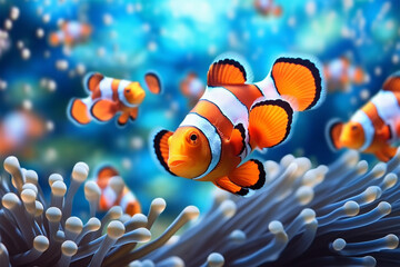 Clown anemonefish swimming in the sea. 3d rendering - Powered by Adobe