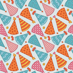 Cute seamless pattern with birthday party hats in groovy style. Childish design with holiday caps for wrapping paper, prints, background, fabric, scrapbook. Bright holiday digital paper for kids