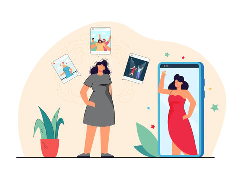 Sad girl with messy hair jealous of models vector illustration. Pretty photos with face filters creating unrealistic beauty standards for women. Harm of filters, social media concept