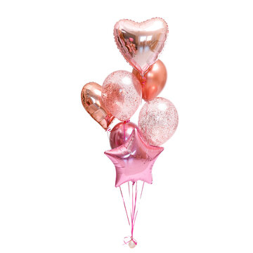 Set Balloon  Air balloons heart shape on a transparent background. Pink gold white balloons helium balloons, Bunch of metallic  balloons