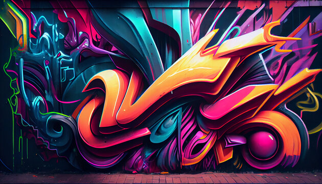 Fototapeta Dynamic fresco of graffiti street art, featuring vibrant neon hues and a bold, energetic composition Ai generated image