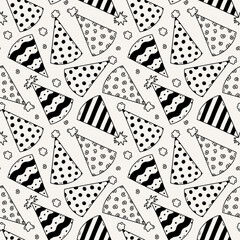 Cute seamless pattern with birthday party hats in doodle outline style. Childish design with holiday caps for wrapping paper, prints, background, fabric, scrapbook. Holiday digital paper for kids
