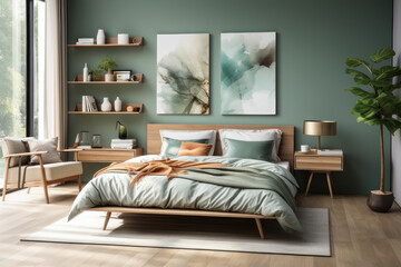 Interior Design. Bedroom with green wall. AI generative.